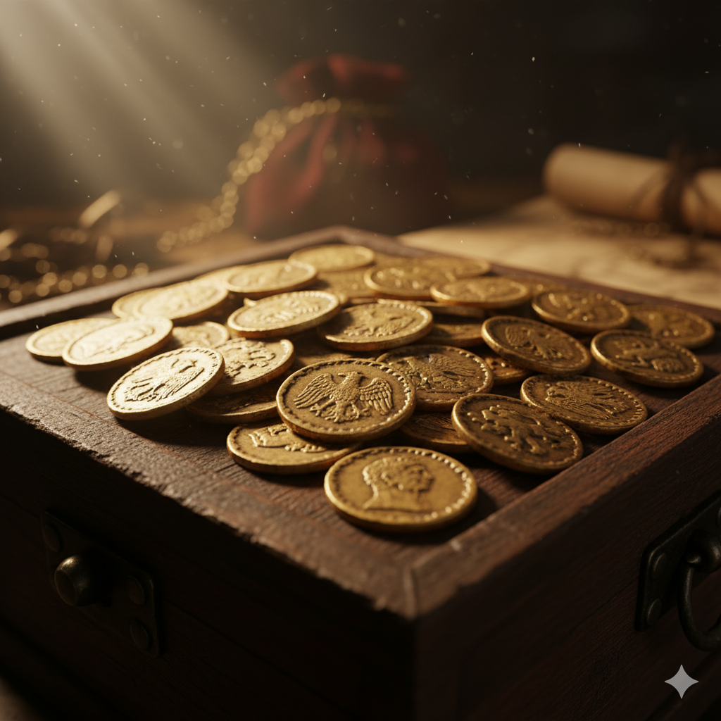 Antique gold coins displayed on a wooden box under warm lighting – trusted Coin Buyers in Lubbock.