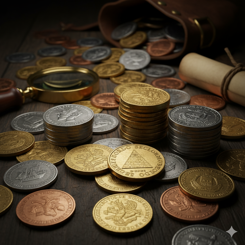 Stacks of gold, silver, and bronze coins with a magnifying glass – Coin Buyers in Lubbock offering free coin appraisals.